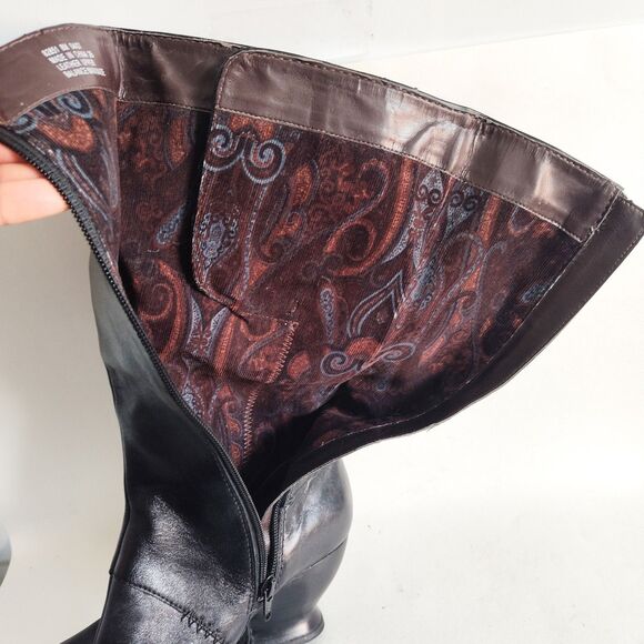 Clarks Indigo Leather Knee High Tall Boots Black Size 8 Whimsical Spool Heel Zip - Picture 10 of 14